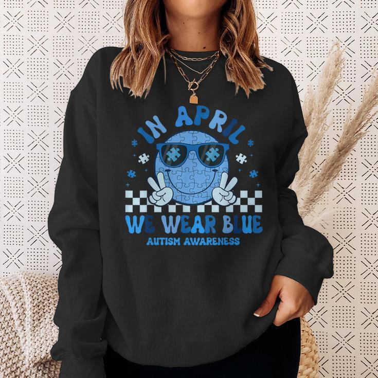 In April We Wear Blue Autism Awareness Hippie Face Sweatshirt Gifts for Her