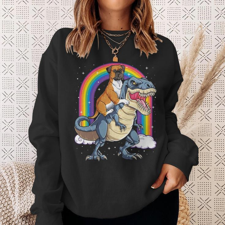 Boxer Riding DinosaurRex Dog Lover Boys Kids Rainbow Sweatshirt Gifts for Her