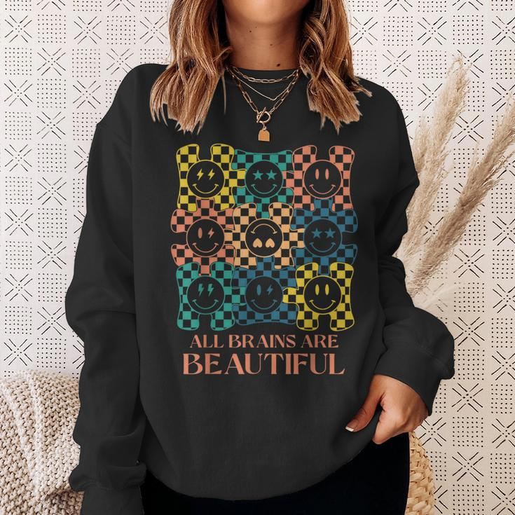 All Brains Are Beautiful Smile Face Autism Awareness Groovy Sweatshirt Gifts for Her