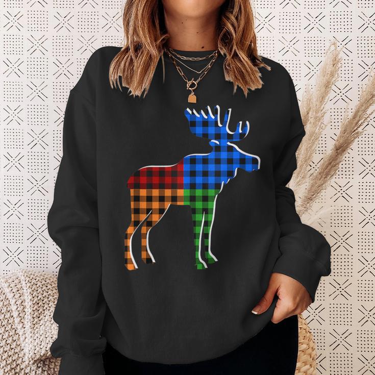 Buffalo Plaid Standing Moose Silhouette Colorful Moose Lover Sweatshirt Gifts for Her