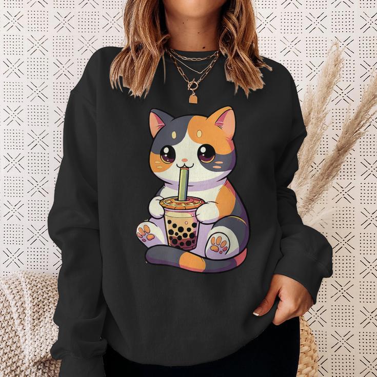 Cat Drinking Boba Feline Japanese Pet Kawaii Boba Calico Cat Sweatshirt Gifts for Her