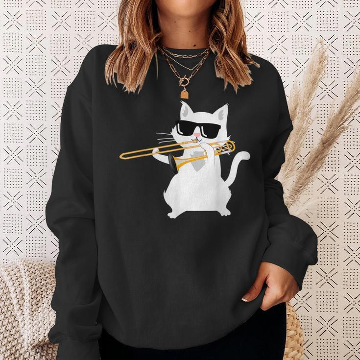 Cat Playing Trombone Sweatshirt Gifts for Her
