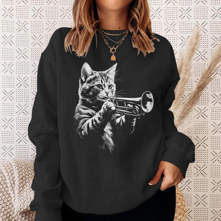 Cat Playing Trumpet Vintage Jazz Musician Trumpeter Sweatshirt Gifts for Her