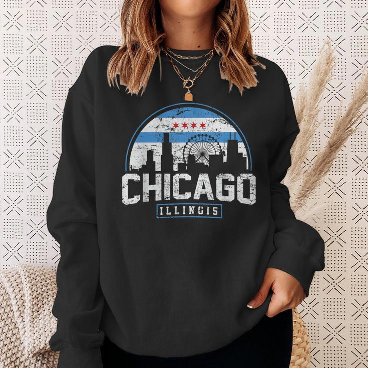 Chicago Illinois Flag Vintage Skyline Women Sweatshirt Gifts for Her
