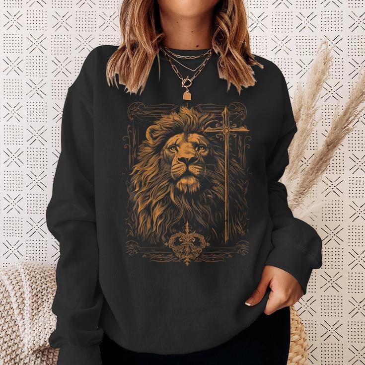 Christian Cross Lion Of Judah Religious Faith Jesus Pastor Sweatshirt Gifts for Her