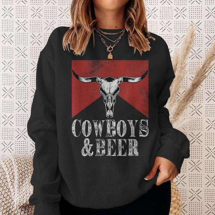 Cowboys & Beer Vintage Rodeo Bull Horn Western Country Sweatshirt Gifts for Her