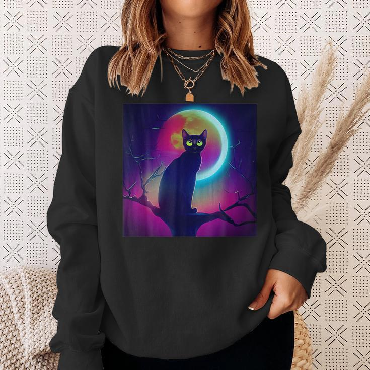 Cute Black Cat Spooky Yellow Purple Full Moon Logo Sweatshirt Gifts for Her
