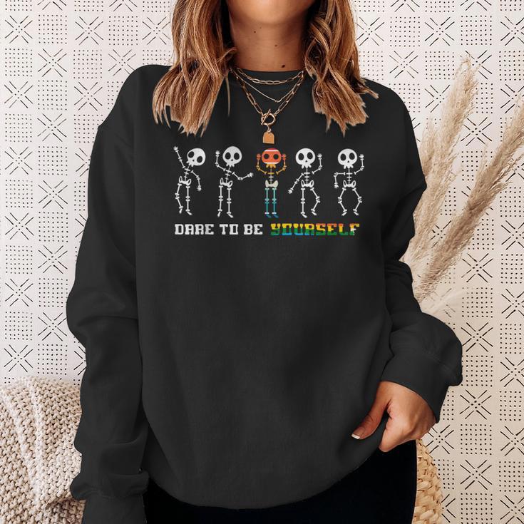 Dare To Be Yourself Be Different Lgbt Pride Skeleton Skull Sweatshirt Gifts for Her