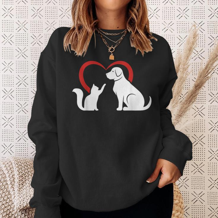 Dog Puppy And Baby Cat Heart Animal Dog & Cat Sweatshirt Gifts for Her