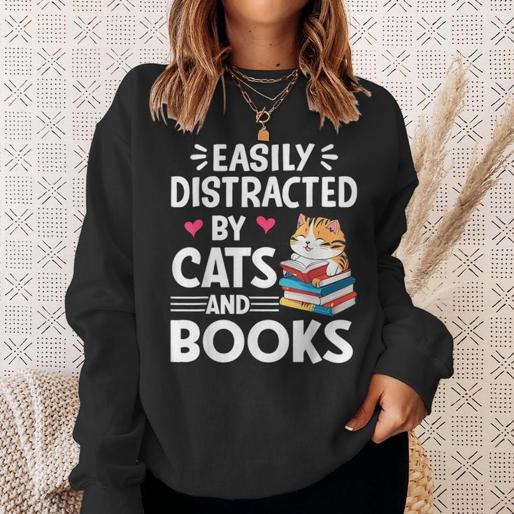 Easily Distracted By Cats And Books Cute Cat And Book Lovers Sweatshirt Gifts for Her