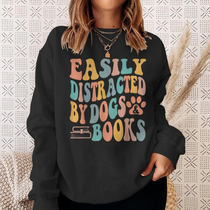 Easily Distracted By Dogs & Books Animals Book Lover Groovy Sweatshirt Gifts for Her