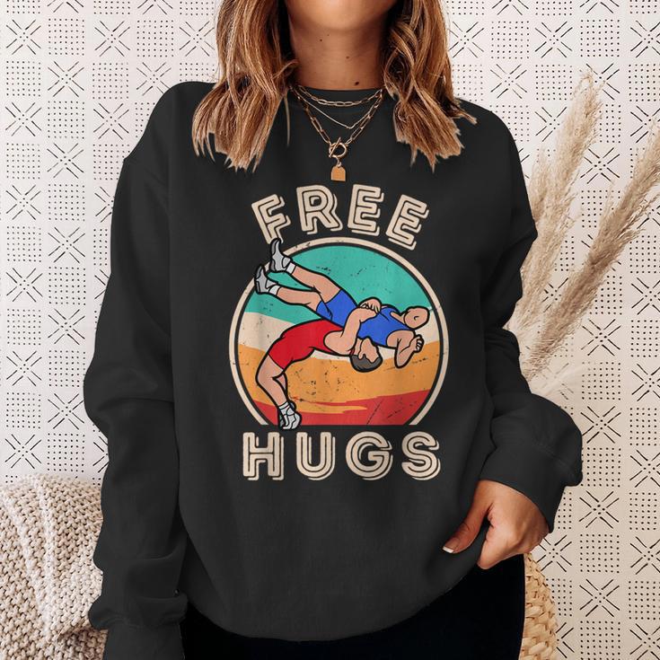 Free Hugs Wrestling Wrestling Coach Vintage Wrestle Sweatshirt Gifts for Her