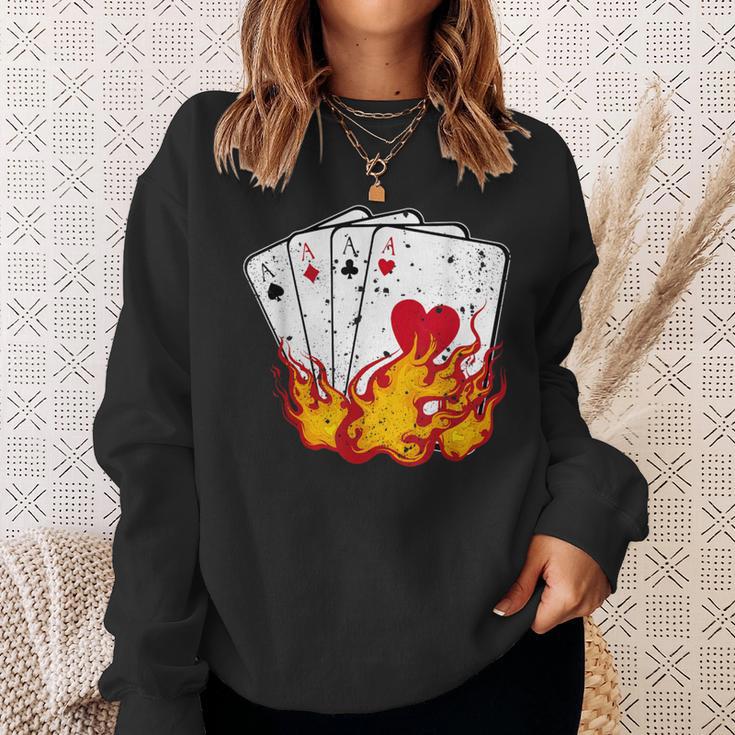 Poker 4 Aces Flames Texas Holdem Lucky Poker Sweatshirt Gifts for Her