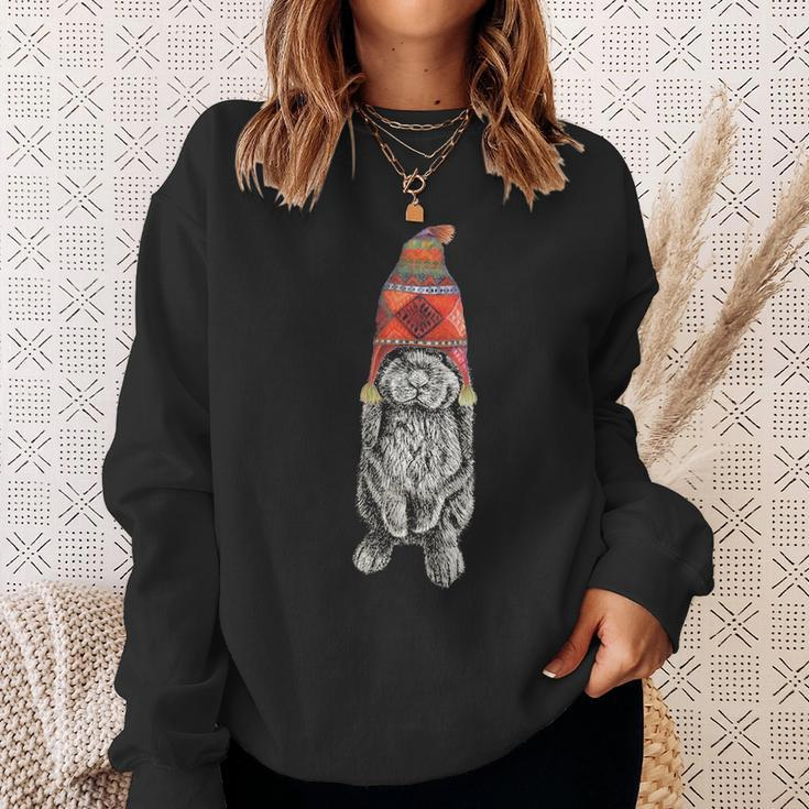Hipster Lop Eared Bunny Rabbit Wearing Winter Peruvian Hat Sweatshirt Gifts for Her