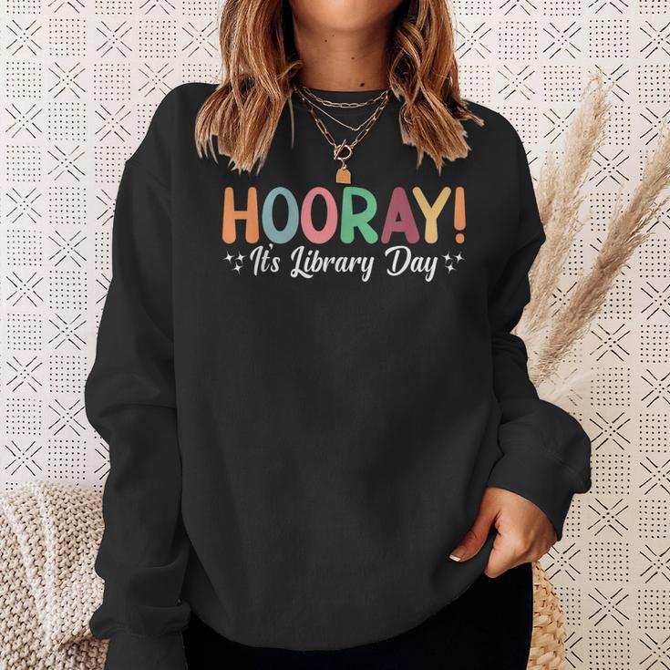Hooray It's Library Day Reader Books Lover Groovy Sweatshirt Gifts for Her