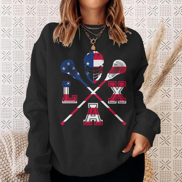 Lacrosse Outfit American Flag Lax Helmet & Sticks Team Sweatshirt Gifts for Her