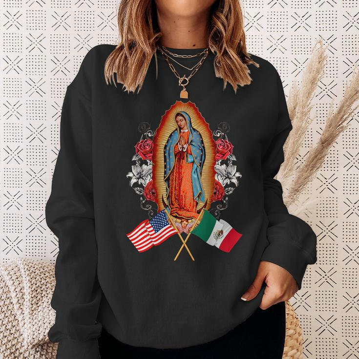 Our Lady Virgen De Guadalupe Mexican American Flag Sweatshirt Gifts for Her