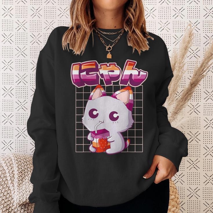 Lesbian Pride Gay Kawaii Cat Strawberry Milk Lesbian Flag Sweatshirt Gifts for Her