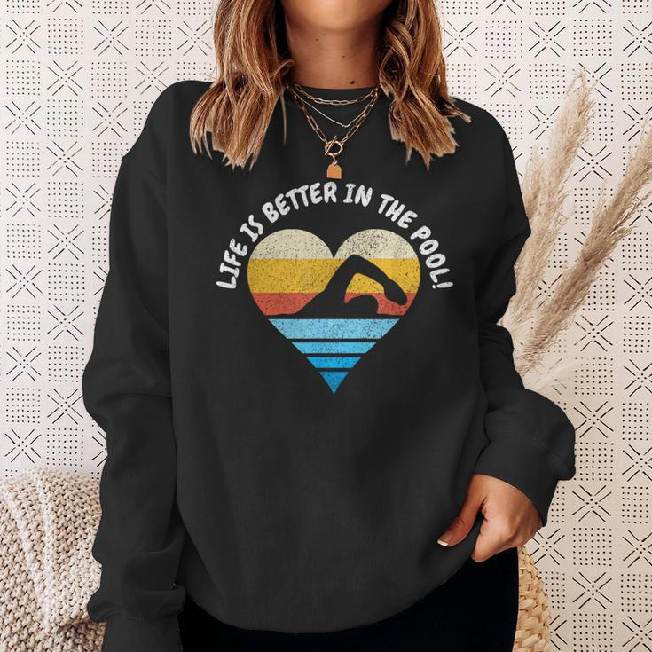 Life Is Better In The Pool Retro Distressed Heart-Love Swim Sweatshirt Gifts for Her