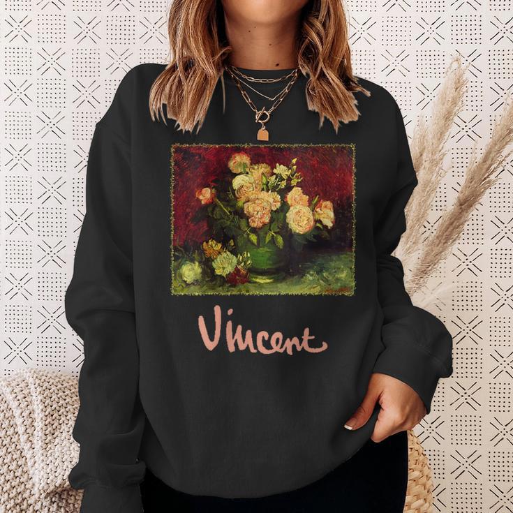 Still Life Bowl With Peonies And Roses By Vincent Van Gogh Sweatshirt Gifts for Her