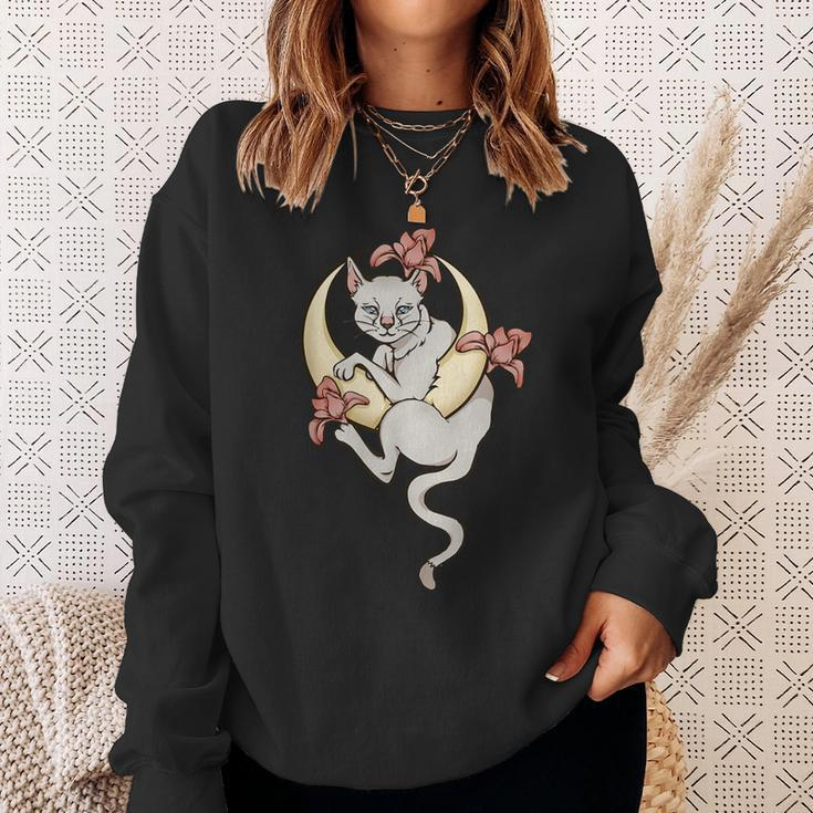 Lilie Flowers Celestial Cat In A Crescent Moon Sweatshirt Gifts for Her