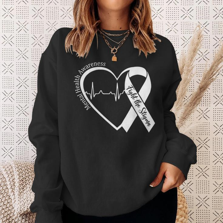 Mental Health Awareness Heart Fight The Stigma Green Ribbon Sweatshirt Gifts for Her
