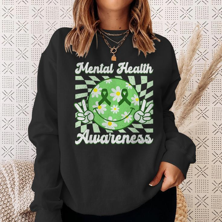 Mental Health Awareness Smile Face Checkered Green Ribbon Sweatshirt Gifts for Her