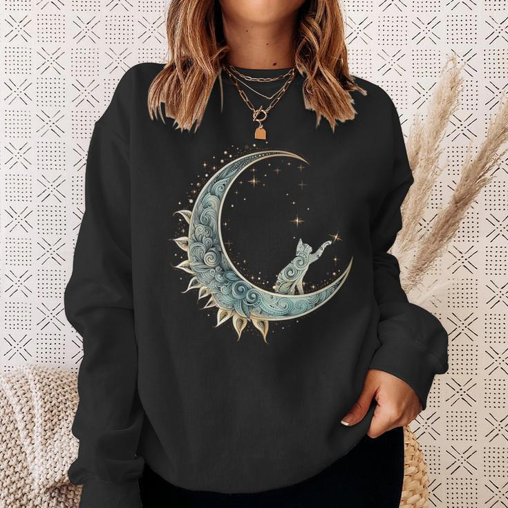 Mystical Aesthetic Cat Sitting On Crescent Moon Lunar Cat Sweatshirt Gifts for Her