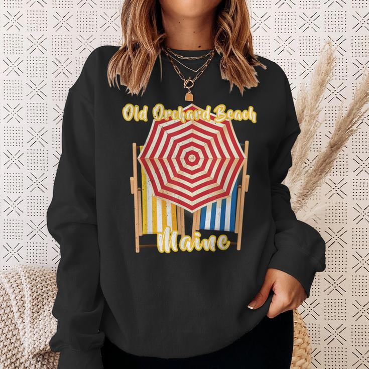 Old Orchard Beach Maine Nautical Umbrella Striped Chairs Sweatshirt Gifts for Her