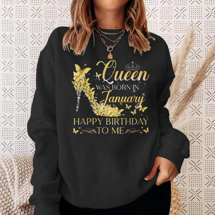 A Queen Was Born In January Happy Birthday To Me Crown Shoes Sweatshirt Gifts for Her