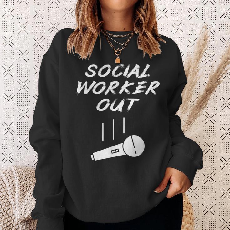 Retired Social Worker Out Retirement Mic Drop Retiring Quote Sweatshirt Gifts for Her