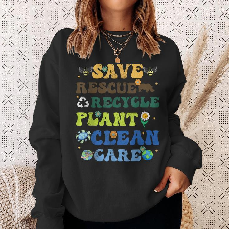 Retro Earth Day Save Bees Rescue Animals Recycle Plastics Sweatshirt Gifts for Her