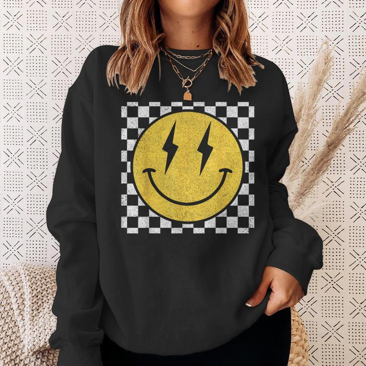 Retro Happy Face Distressed Checkered Pattern Smile Face Sweatshirt Gifts for Her