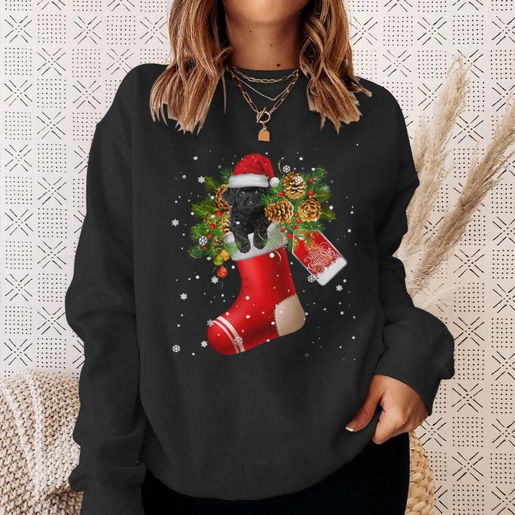 Santa Black Toy Poodle In Christmas Sock Pajama Sweatshirt Gifts for Her