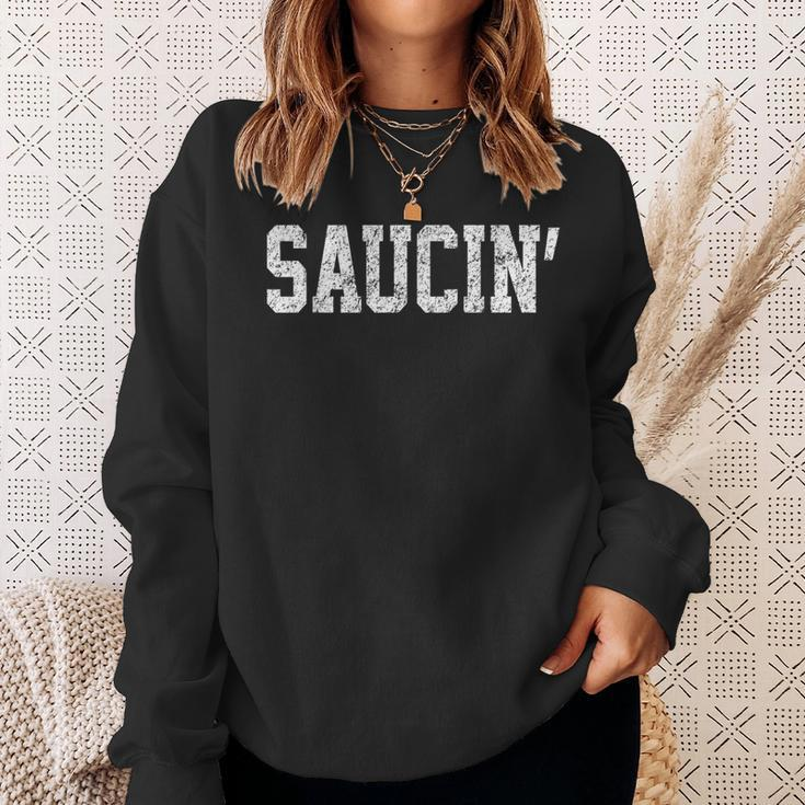 Saucin Urban Hip Hop Rap Distressed Retro Sweatshirt Gifts for Her