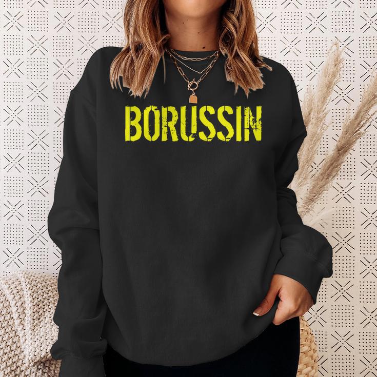 Schwarzes Sweatshirt mit gelbem BORUSSIN Schriftzug, Fußballfan Bekleidung Geschenke für Sie