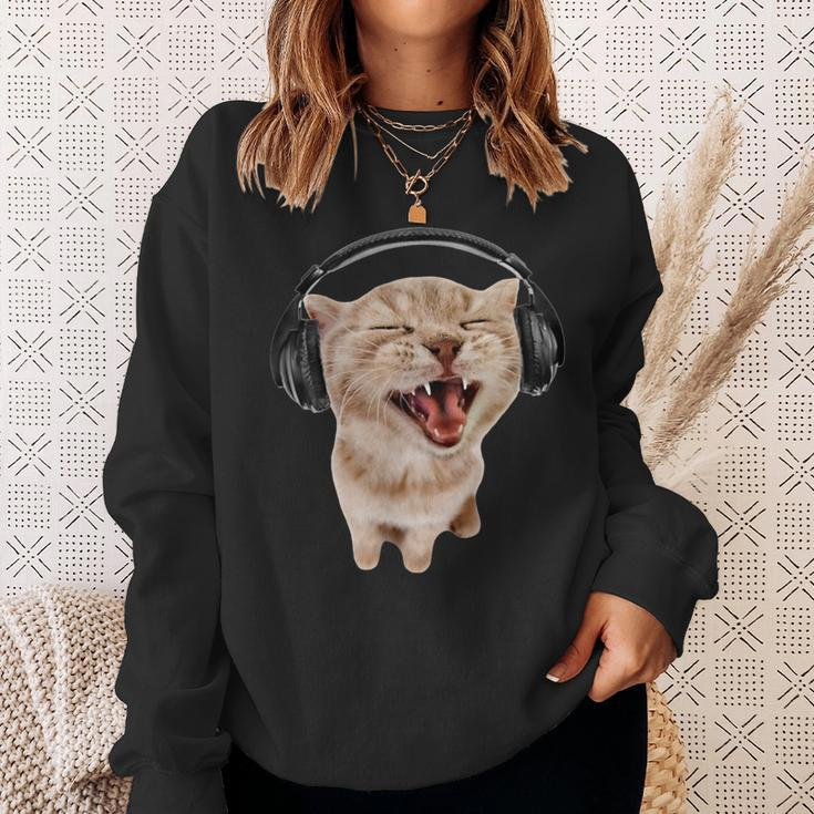 Silly Cat With Headphones Sweatshirt Gifts for Her