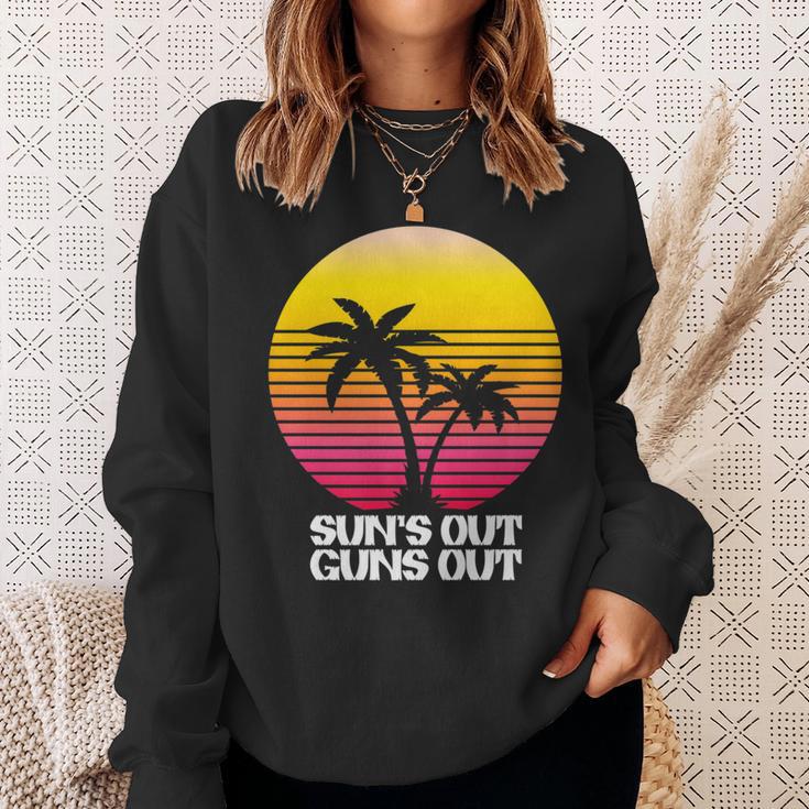 Suns Out Guns Out Retro 80S Beach Scene Palm Tree Sunset Sweatshirt Gifts for Her