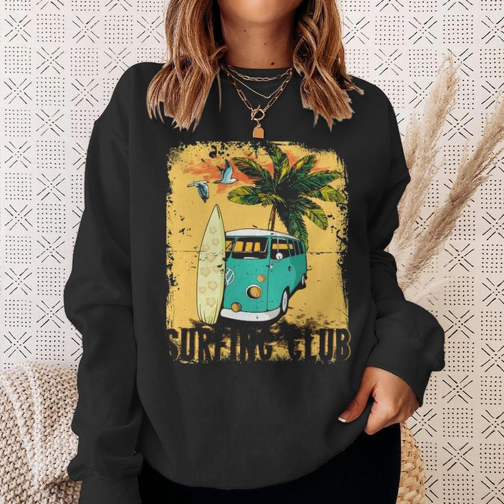 Surfing Summer Beach Hippie Van Bus Surfboard Palm Tree Sweatshirt Gifts for Her