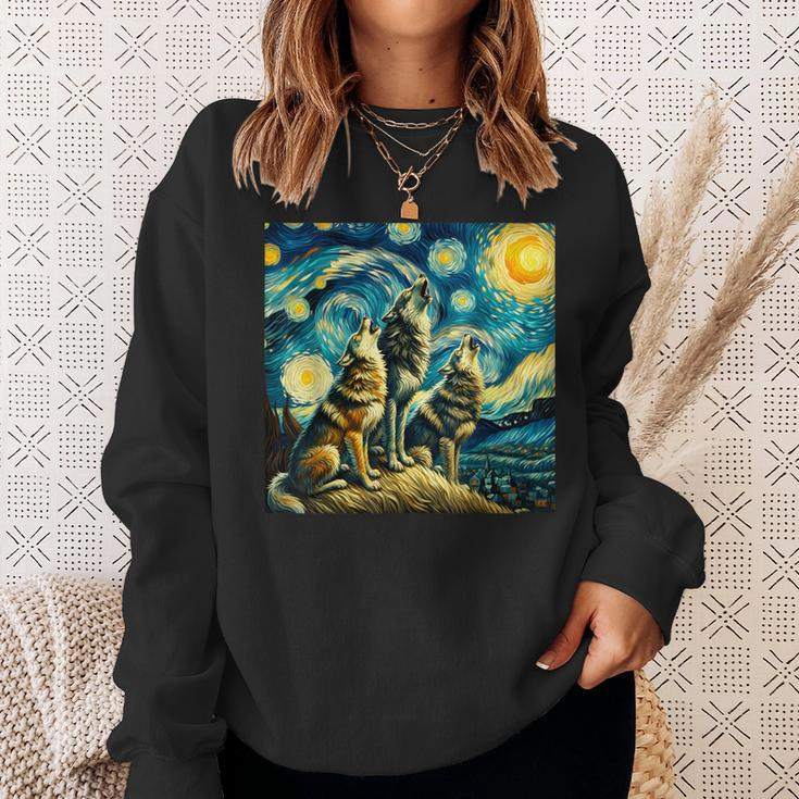 Three Wolves Howling At The Moon Starry Night Wolf Lover Sweatshirt Gifts for Her