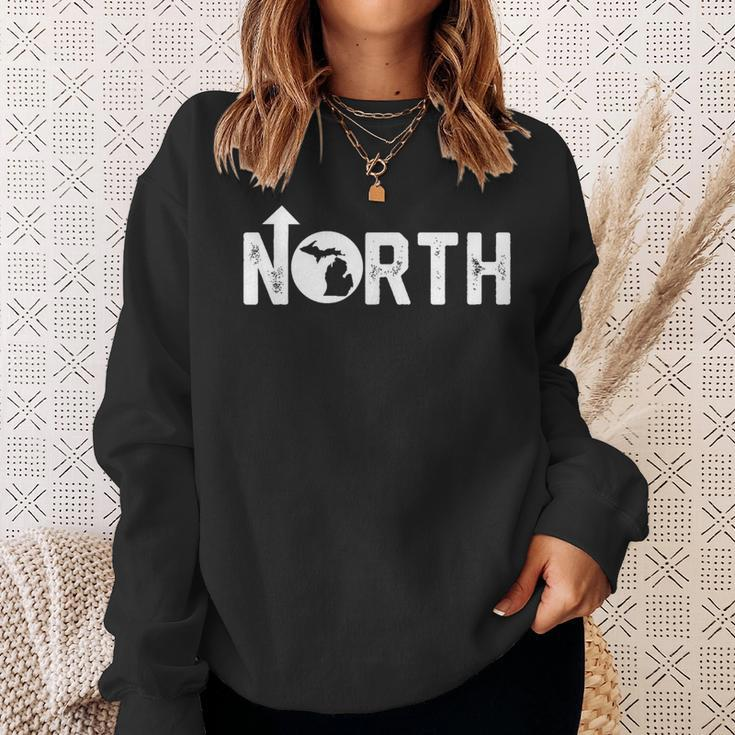 Vintage Up North Michigan Distressed Text State Map Sweatshirt Gifts for Her