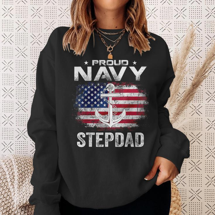 Vintage Proud Navy Stepdad With American Flag Veteran Sweatshirt Gifts for Her