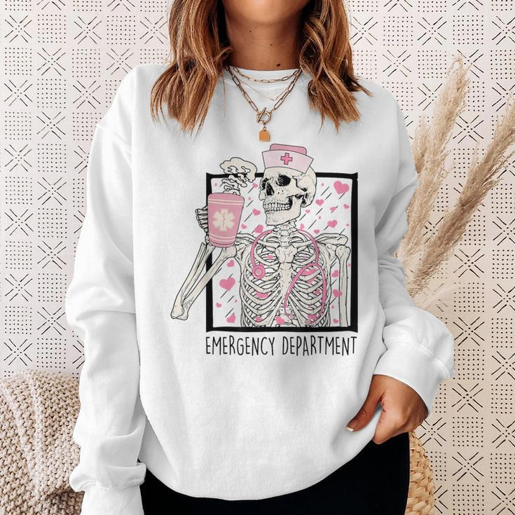 Emergency Department Valentines Day Skeleton Drinking Coffee Sweatshirt Gifts for Her