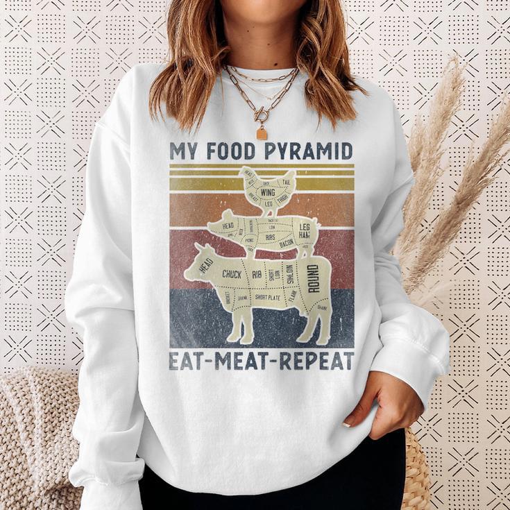 My Food Pyramid Eat Meat Repeat Retro Vintage Bbq Joke Sweatshirt Gifts for Her