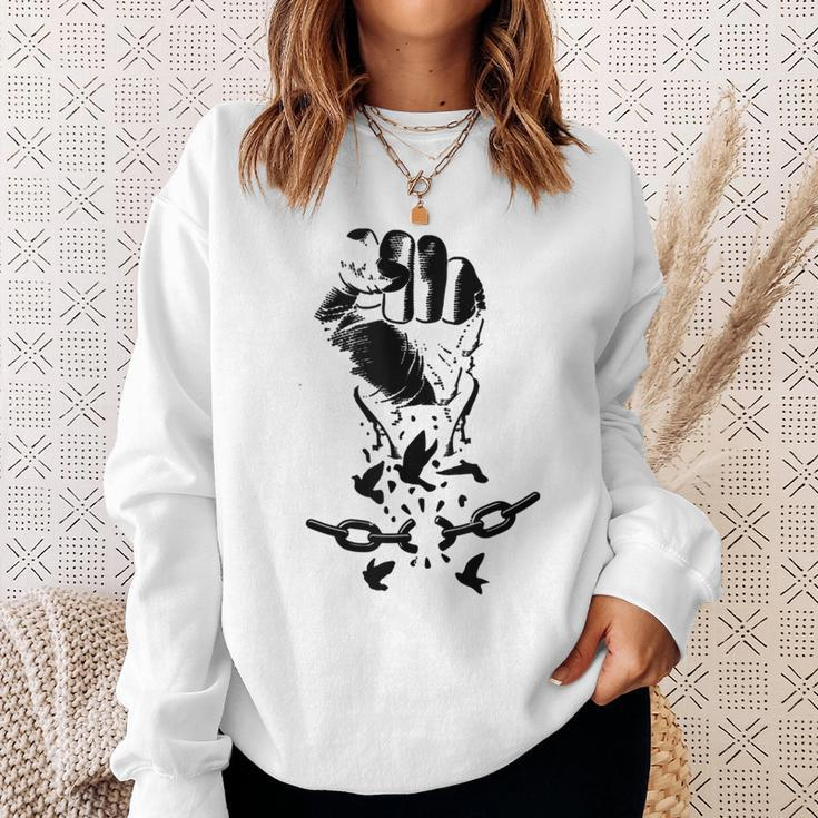 Raised Hand Clenched Fist Broken Chain Birds Black Freedom Sweatshirt Gifts for Her