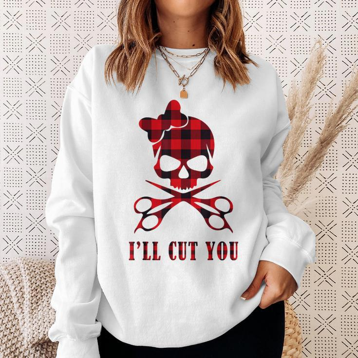 Red Plaid I'll Cut You Hair Stylist Skull Sweatshirt Gifts for Her