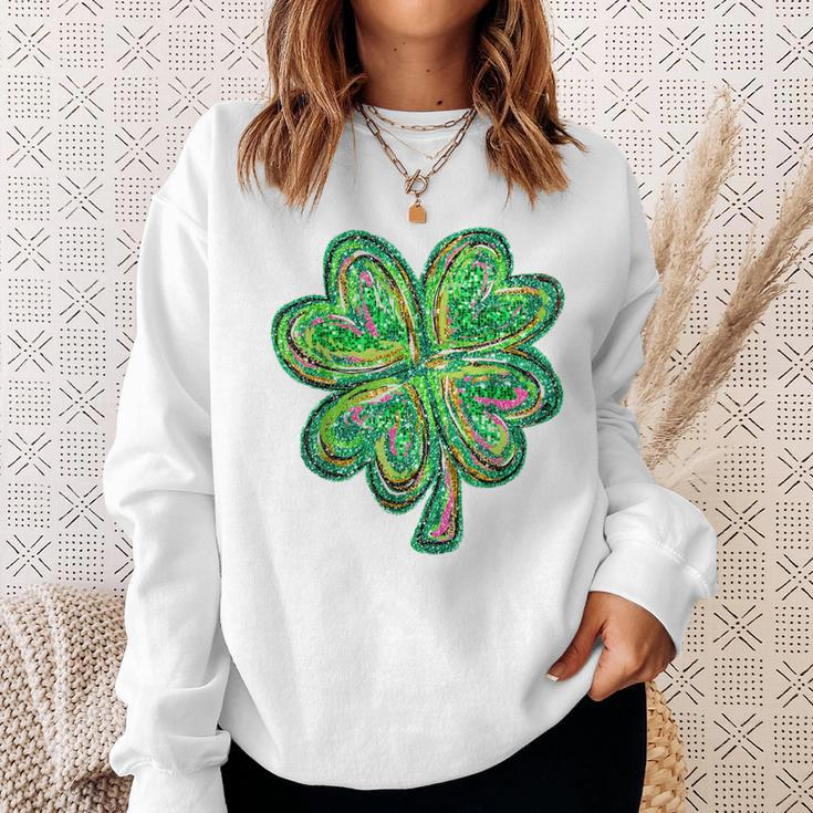 Shamrock Sequin Effect St Patrick's Day Four Leaf Clover Sweatshirt Gifts for Her