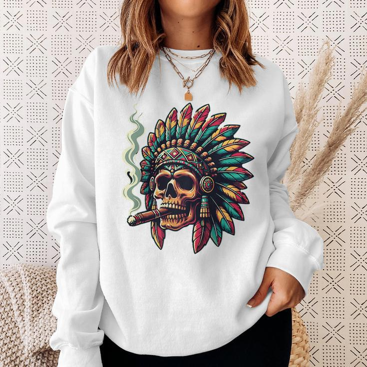 Smoking Cigar Indian Skull Colorful Headdress Lounge Gear Sweatshirt Gifts for Her