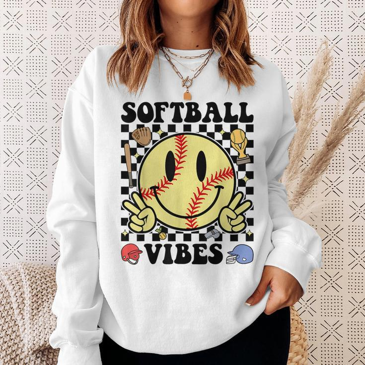 Softball Vibes Smile Face Game Day Softball Mom Sweatshirt Gifts for Her