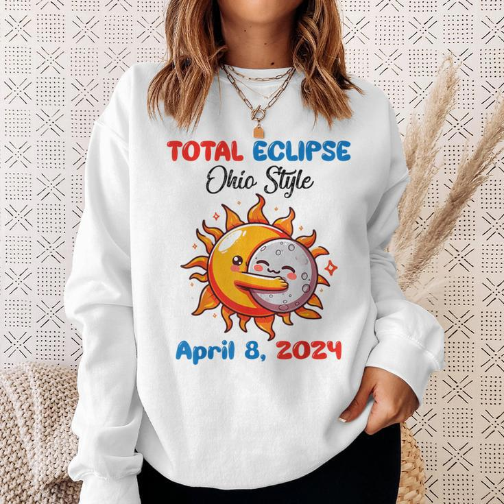 Sun Moon Hug Together Total Eclipse Ohio Style April 8 2024 Sweatshirt Gifts for Her